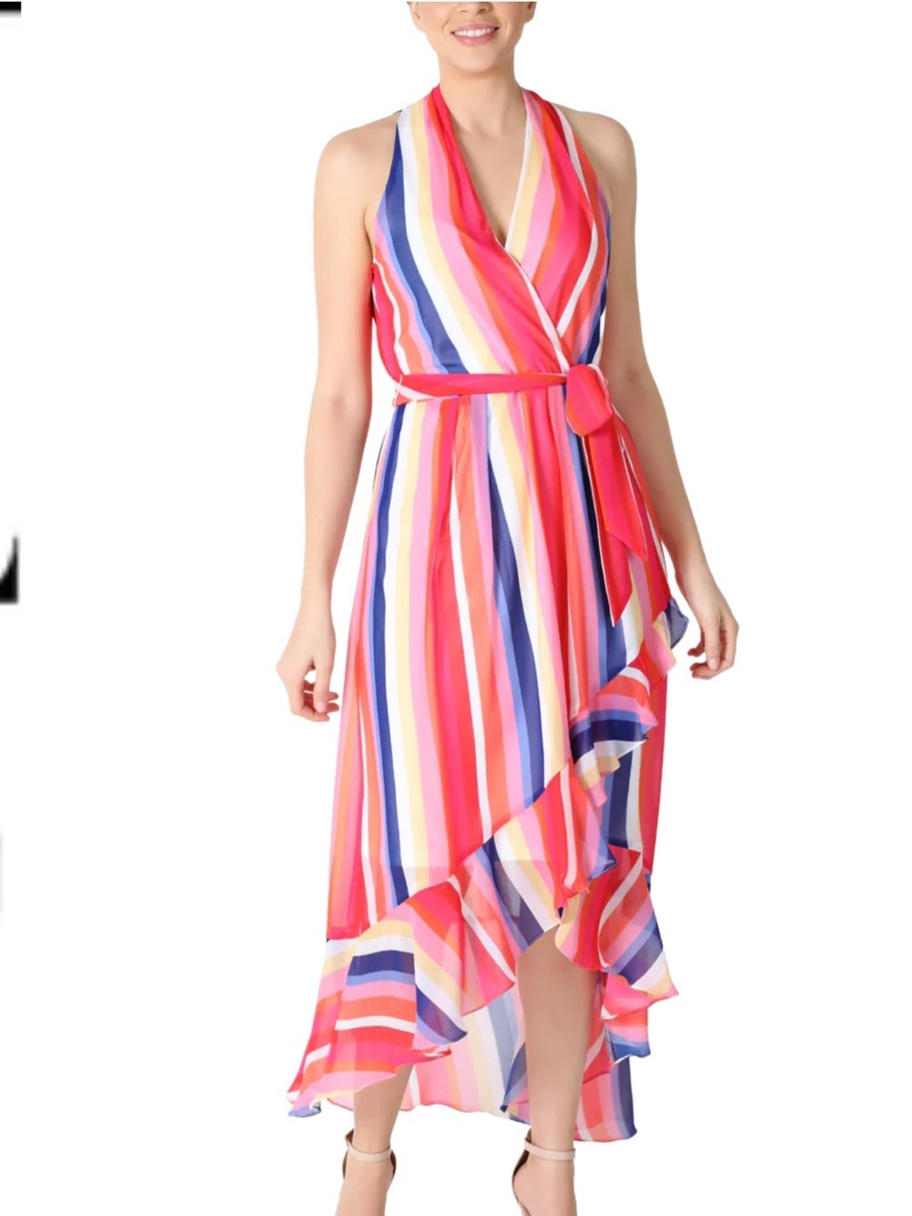 Julia Jordan Lollipop Striped Flowy Pink Blue V-Neck Keyhole Back Midi Dress 12